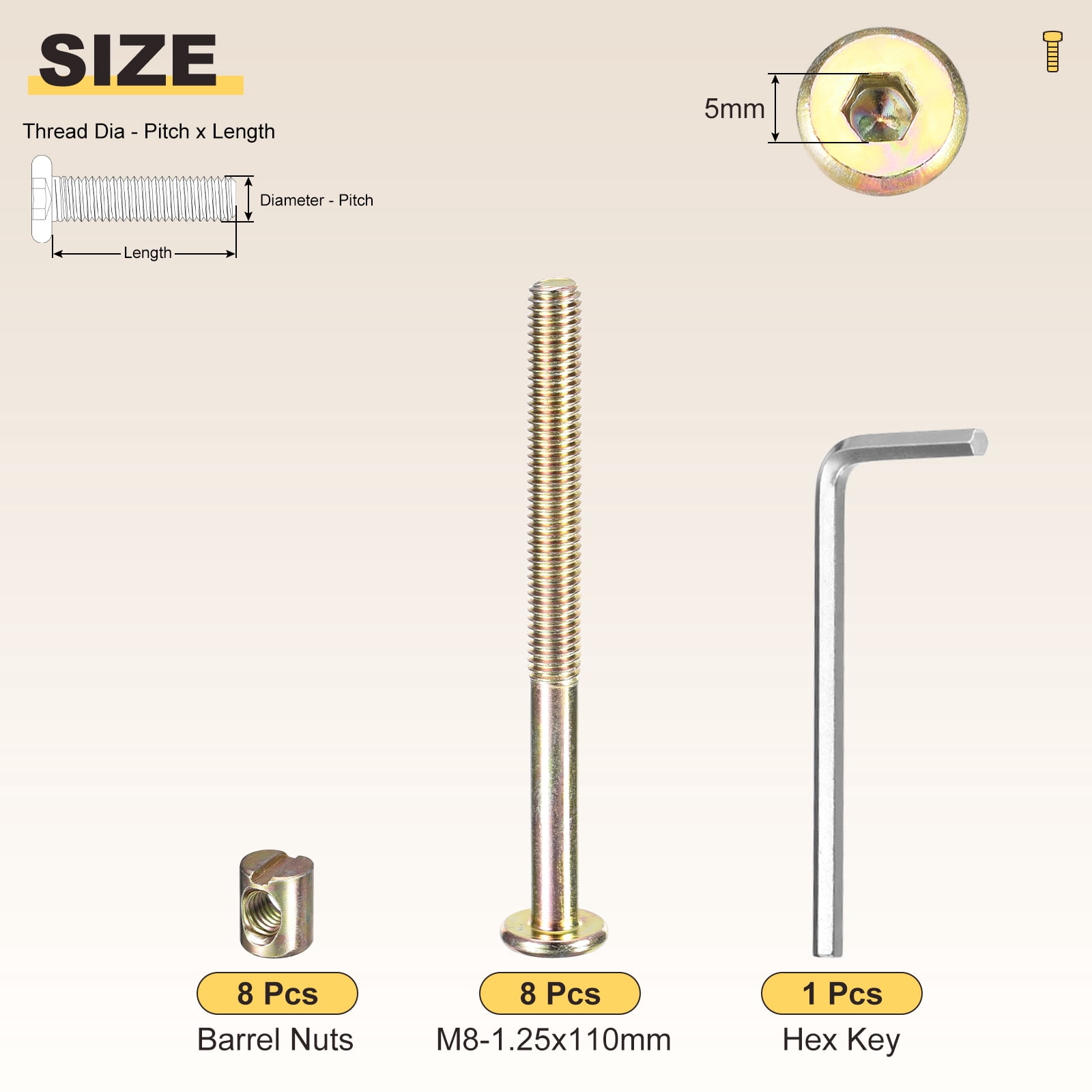 Furniture Connector Bolt Cap Nut Kit with Wrench(M8-1.25x100mm) 20Pcs, Connector Bolt M8 Countersunk Screw Barrel Nuts Binding Screws, for Chair Cabinet Bed, Yellow