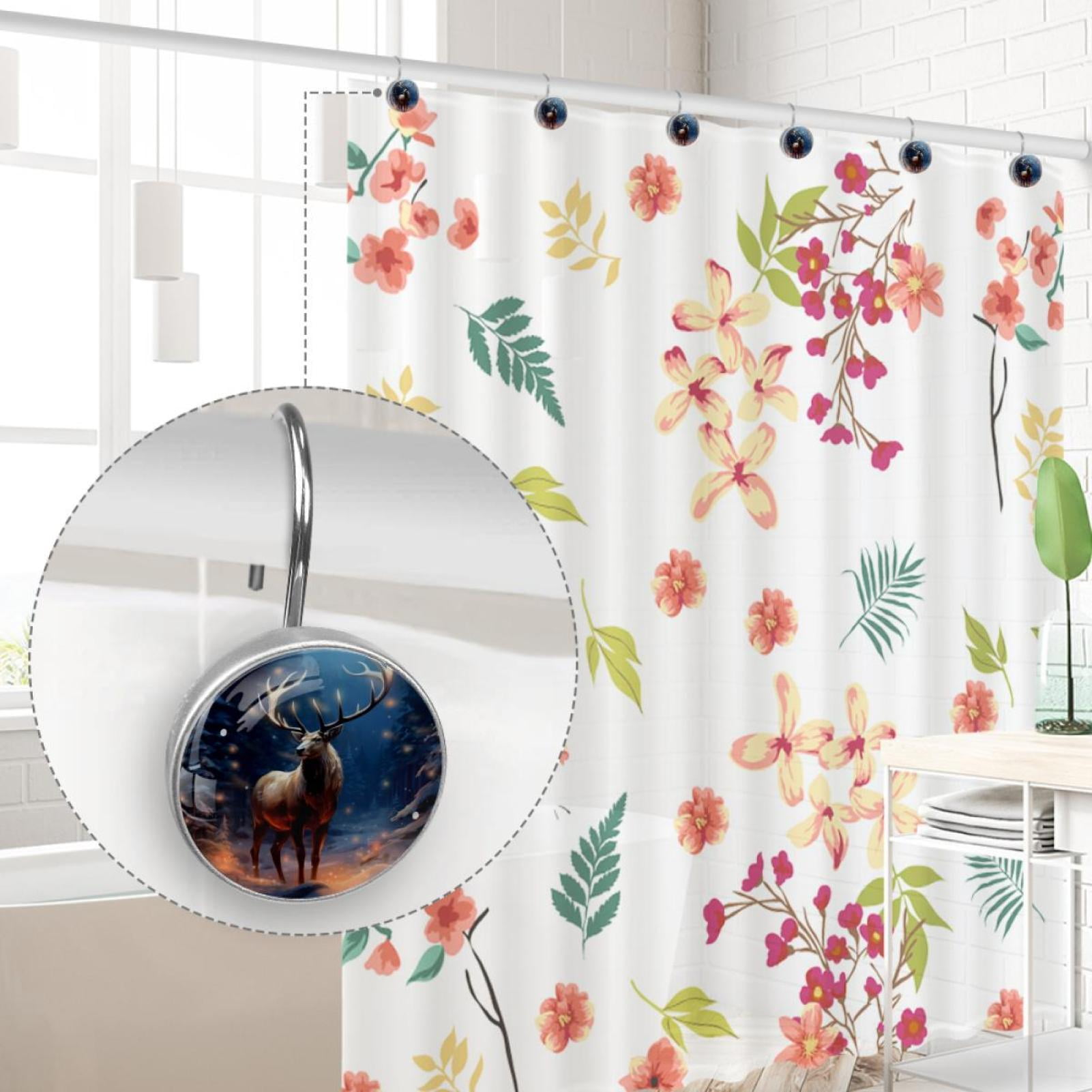 Christmas Elk Shower Curtain Hooks （Set of 12） for Home Hotel Shower Rods Bathroom Crystal Glass Print Stainless Steel Round Curtain Hooks