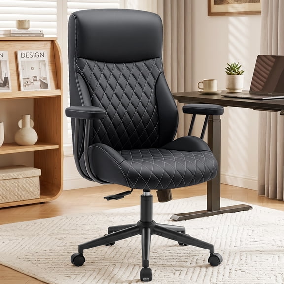 COOLHUT Office Chair, PU Leather Executive Desk Chair with Reclining Function, Hight Back Computer Chair with Padded Armrests and Lumbar Support, Black