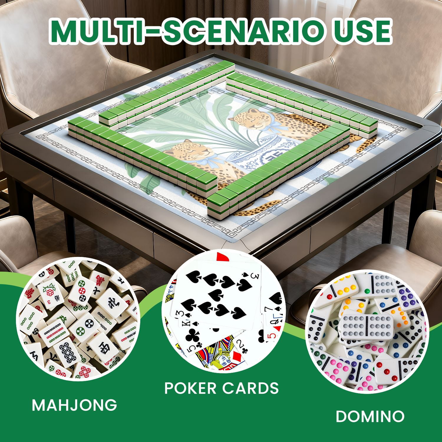 Mahjong Mat 31.5" x 31.5" Two Leopards Blue Bows Potted Plant Striped Non-Slip Noise Reduction American Mahjong Tiles Table Cover for Dominoes Poker Card Board Games Gift