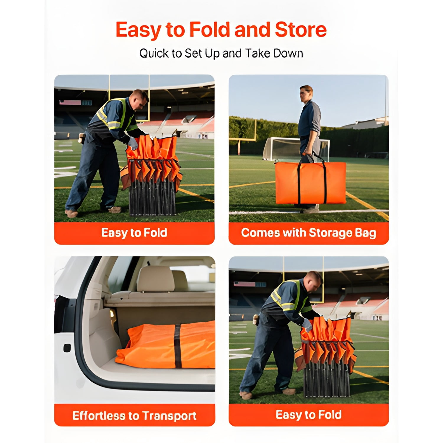 Portable Folding Bench, 6 Seat Foldable Soccer Bench with Side Pockets and Carrying Bag, Lightweight Sideline Seating with Back Rest for Football, Baseball, Camping, Outdoor Events, Orange