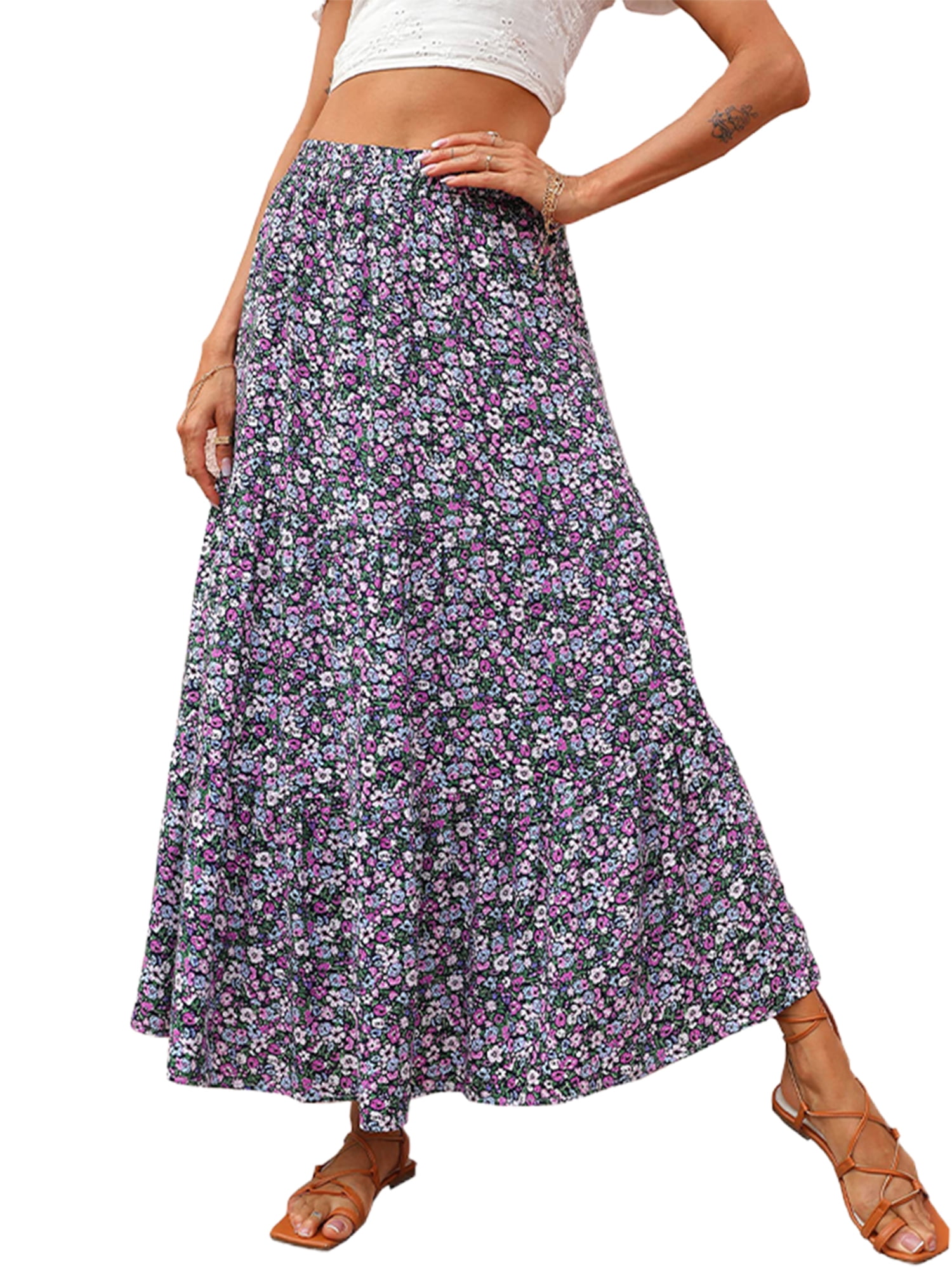 Avamo Women Loose Pleated Flowy Swing Skirts Summer Bohemian Aline