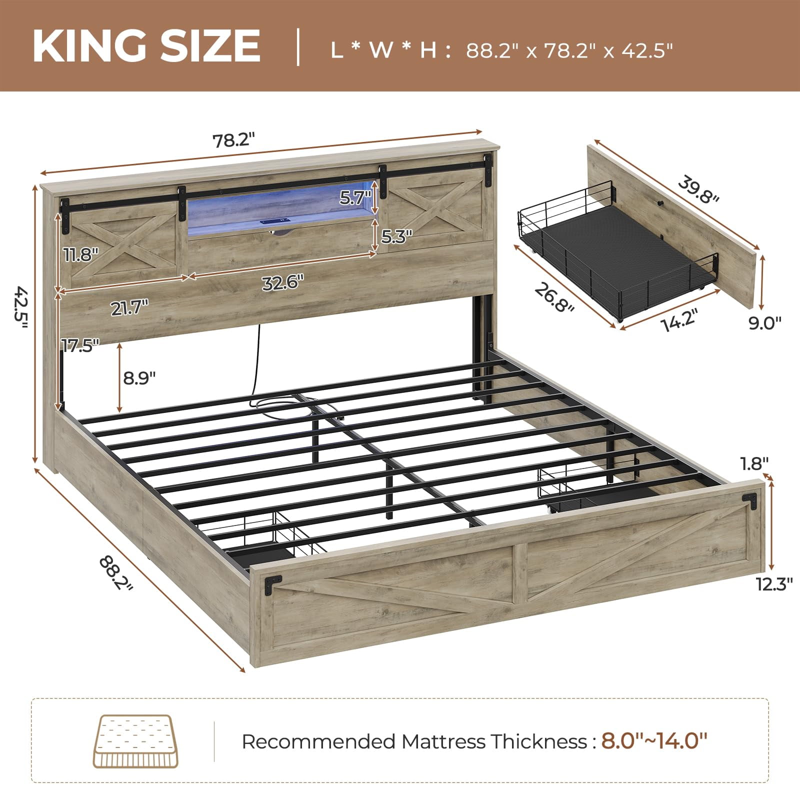 LED Bed Frame King Size with LED Lights and Charging Station, Farmhouse King Storage Platform Bed Frame with Headboard and Drawers, No Box Spring Needed, Gray