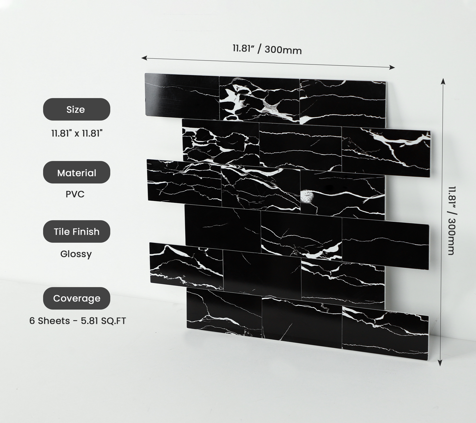 Black Peel and Stick Backsplash Tiles, 12" x 12" Faux Marble Stone Stick on Subway Tile for Kitchen Bathroom  (6 Sheets)