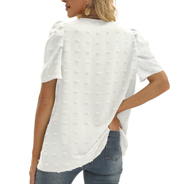 Camisa de cuello en V para mujer, blusa de manga corta con mangas abullonadas de verano para mujer, camisa con mangas abullonadas, máxima comodidad