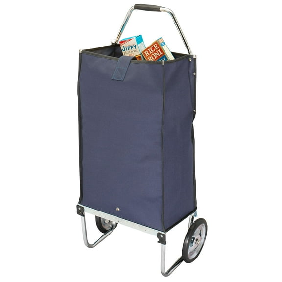 Miles Kimball Walter Drake Deluxe Folding Rolling Carryall Cart, 16.5” W x 10.5” D x 34.5” Tall When Unfolded – Blue Canvas Fabric Over Sturdy Steel Frame, 2 Rubber Wheels, Holds 40 Pounds of Items