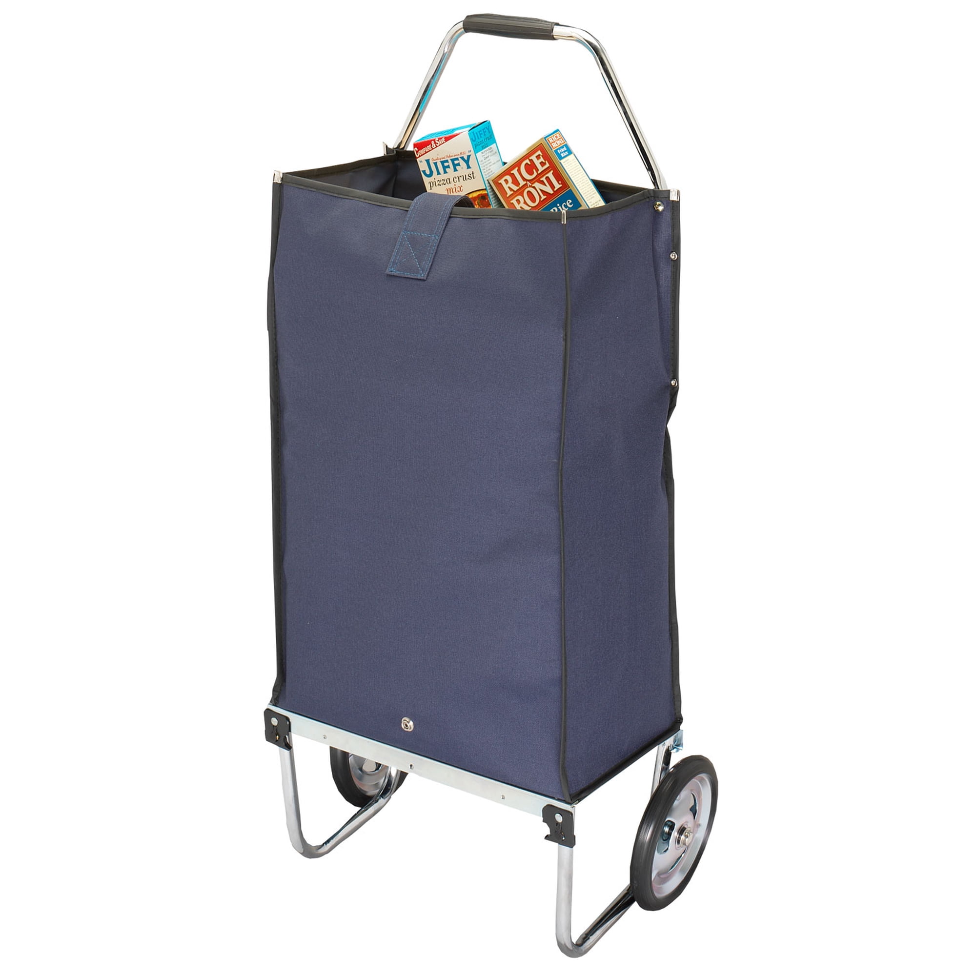 Miles Kimball Walter Drake Deluxe Folding Rolling Carryall Cart, 16.5” W x 10.5” D x 34.5” Tall When Unfolded – Blue Canvas Fabric Over Sturdy Steel F