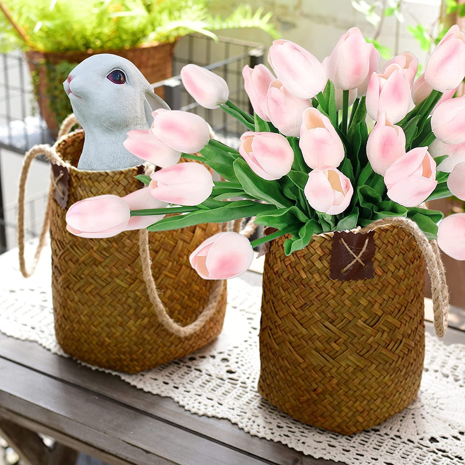 HAOSHICS 30pcs Artificial Tulips Flowers Fake Latex Tulip Stems - Real Touch Faux Colorful,for Easter Spring Wedding Bouquet Centerpiece Floral Arrangement Wedding Table Decor (Gradual Pink)