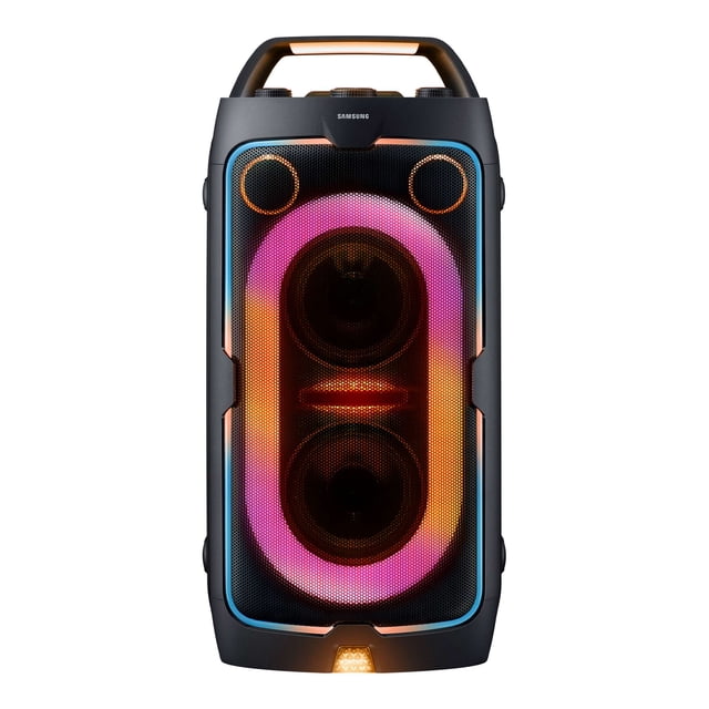 torre de sonido samsung mx-st40f bocina portátil negra con doble woofer y tweeters frontales, rejilla con anillo LED multicolor, asa superior integrada y controles visibles; 160 W de potencia, modos de graves personalizables y batería hasta 12 horas, ideal para fiestas y reuniones sociales.