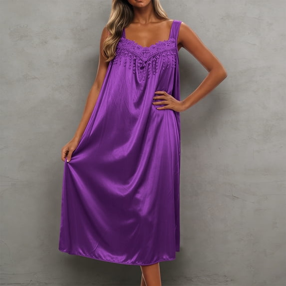 LINGLANG Women's Sleeveless Ice Silk Nightgown Loose Plus Size Lounge Sleep Dress with Lace Trim, Breathable Cooling Summer Nightshirt Lightweight Soft Casual Homewear for Women