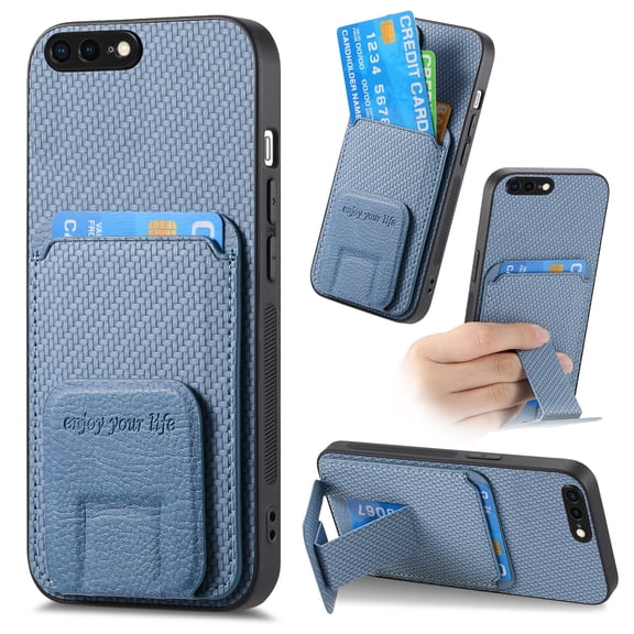 Case for iPhone 8 Plus / iPhone 7 Plus with Hidden Kickstand, Carbon Fiber Texture Wallet Case with Card Holder for iPhone 8 Plus Magnetic Car Mount Shockproof Military Grade Protection Cover, Blue