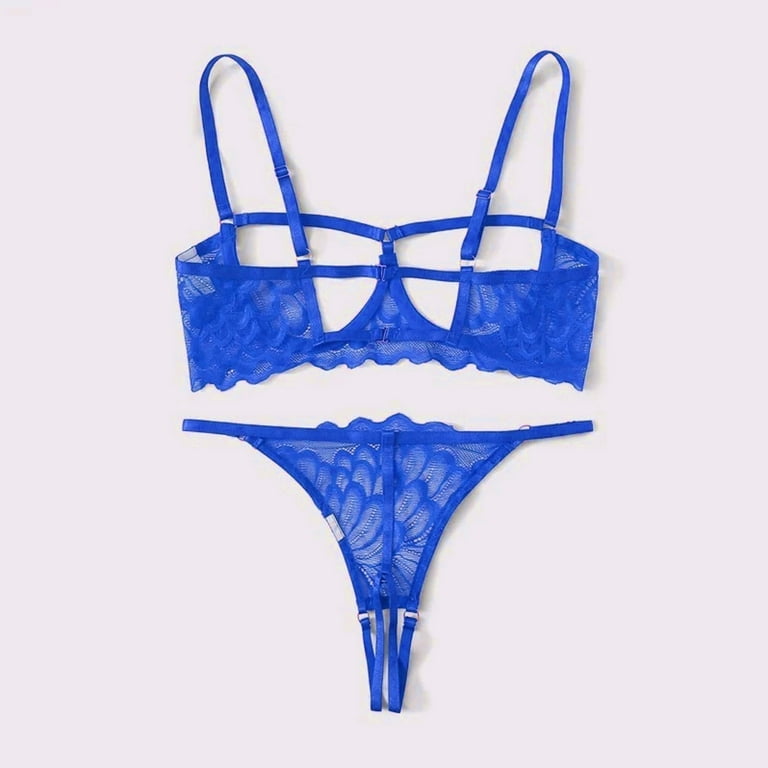 Uorcsa Transparent Sleepwear Erotic Hollow Babydoll V Neck Underwear Lace  Women Temptation Lingerie Sets Blue