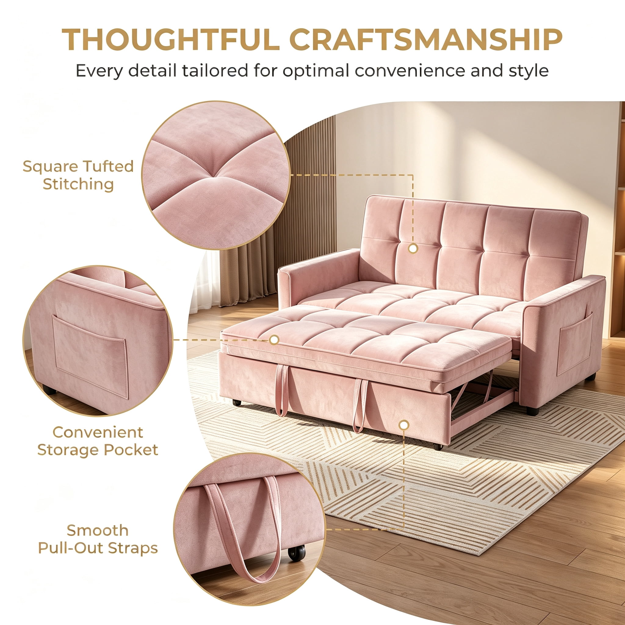 54" Convertible Sleeper Sofa Bed, Modern Velvet 3-in-1 Pull Out Loveseat Couch with 5-Position Backrest & Side Storage Pocket for Living Room, Pink
