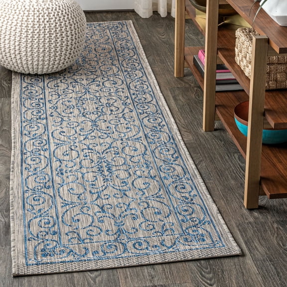 JONATHAN Y SANTA MONICA 2 x 8 Runner Rug, Charleston Vintage Filigree Textured Weave - Gray/Navy, SMB106C-28