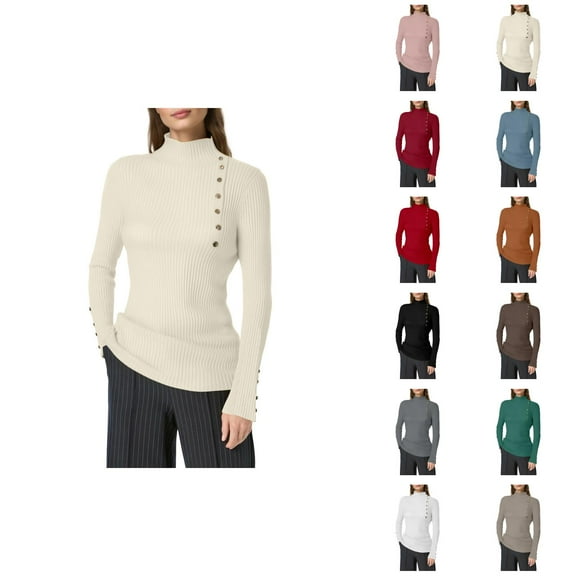 Sweaters for Women 2025 Long Sleeve Half Turtleneck Button Ribbed Knit Sweater Jumper Top Womens Pullover Sweaters