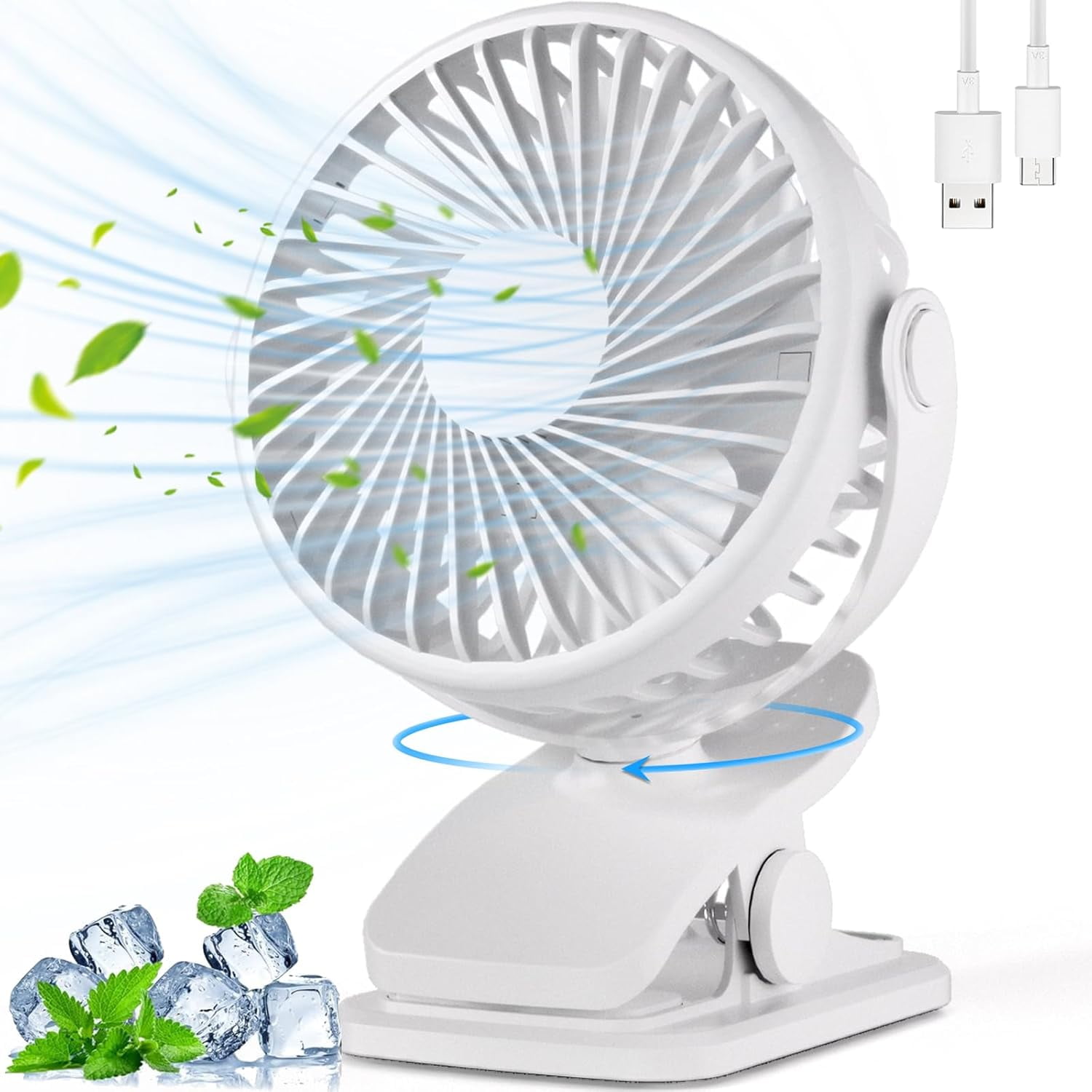 2024 New Portable Clip on Fan, 360° Rotate Battery Operated Stroller Fan, 3 Speed Quiet Mini Personal Desk Fan, USB Rechargeable Clooing Fan for Outdoor Camping Golf Cart Stroller Home Office Black