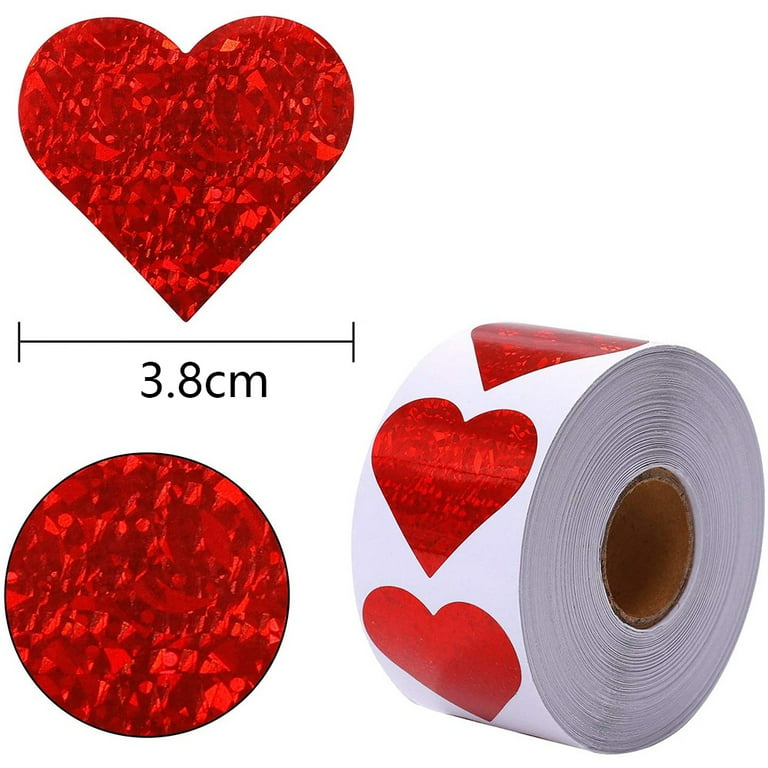500pcs Glitter Heart Stickers for Kids Roll, Valentine Red Heart Stickers  1.5 inch, Love Stickers for Scrapbooking, Personalized Thank You Stickers