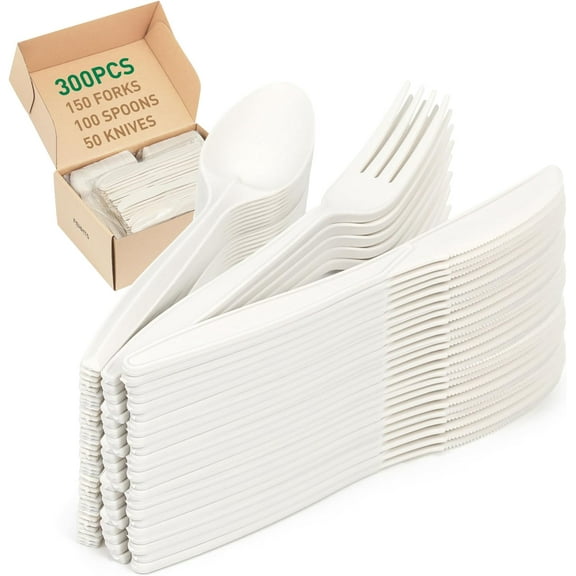 100% Compostable Cutlery Set, 300pcs (150 Forks,100 Spoons,50 Knives) Disposable Cornstarch Utensils Heavy Duty BPI Certified Eco-Friendly Party Supplies No Plastic, Ivory White Ivory White 300pcs