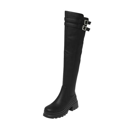 

SEMIMAY Ladies British Style Solid Color Leather Belt Buckle Boots Side Zipper Thick Heel Fashion Long Tube Knee Boots Black