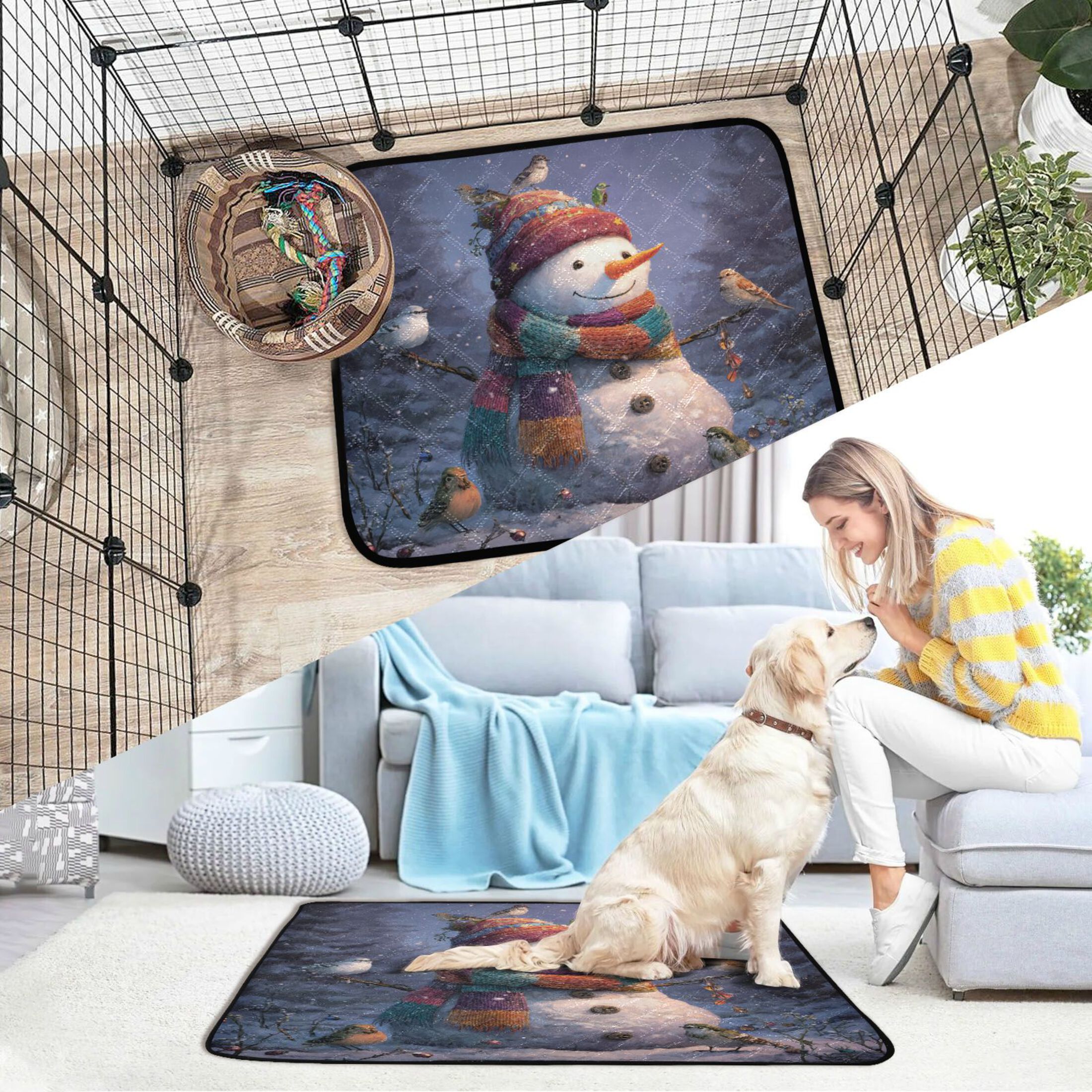 Qxltty Snowman with Birds Cat litter Pads Pet Set of 2 Diaper Mats Center Anti-leakage Layer Absorbent Soft and Comfortable