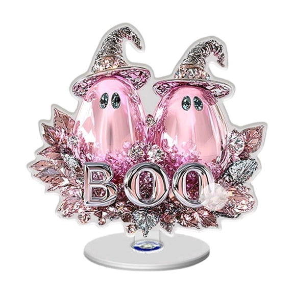 OutmaxHome Pink Glitter Halloween Rotating Display 360-degree 2D Acrylic Ornaments, Cute Ghost Pumpkin Standing Decor, Halloween Table Decor