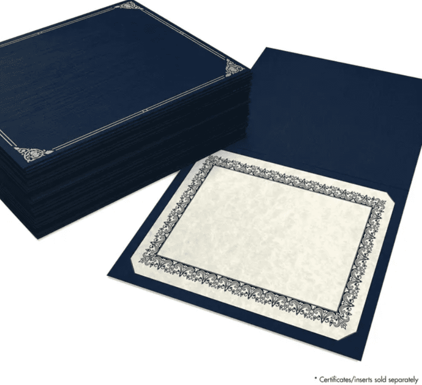 LUXPaper Certificate Holders for 8 1/2 x 11 Documents, 100 lb, Nautical Blue Linen, Silver Foil Floral Border, 25 Pack, Size 9 1/2 x 12
