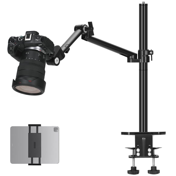 TARION Camera Arm Desk Mount: Heavy Duty DSLR Desktop Mount Camera Stand with Tablet Holder Double C Clamp 1/4 3/8 Screw Adapter Articulating Arm for