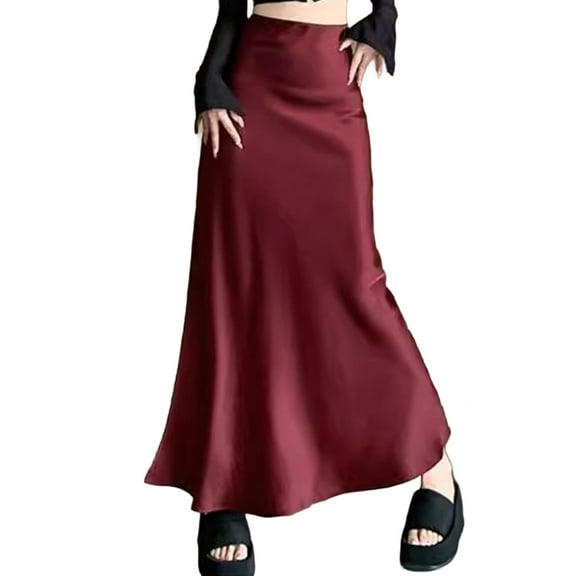 Women Fishtail Skirt High Waist Fishtail Hem Maxi Skirt Solid Color Retro Satin Texture Hip Wrapped Skirt