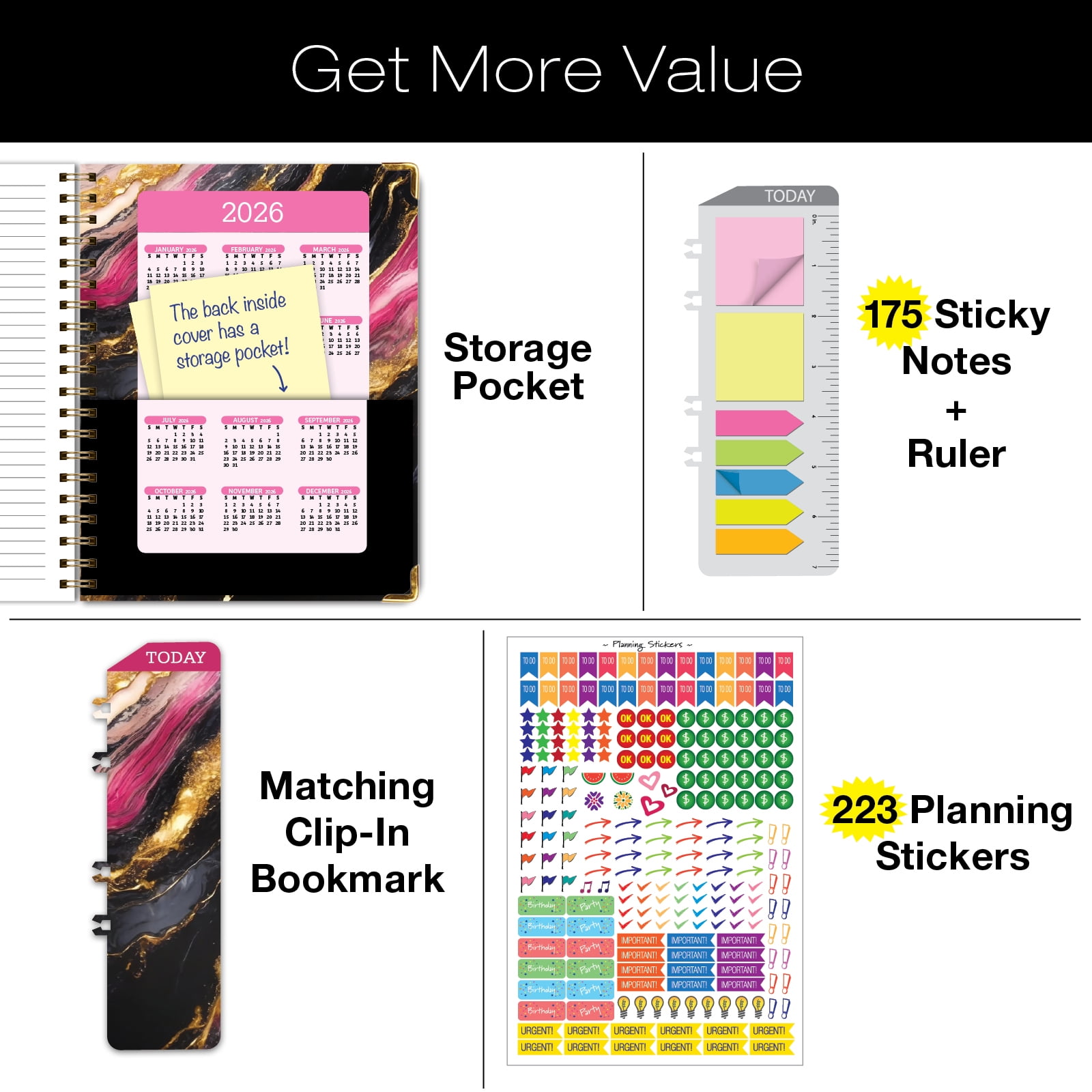 Academic Year 2025-2026 Planner, June 2025 - July 2026, 8.5"x11" Daily Weekly Monthly Planner Yearly Agenda, Hardcover, Bookmark, Pocket Folder and Sticky Note Set (Dark Gold Marble)