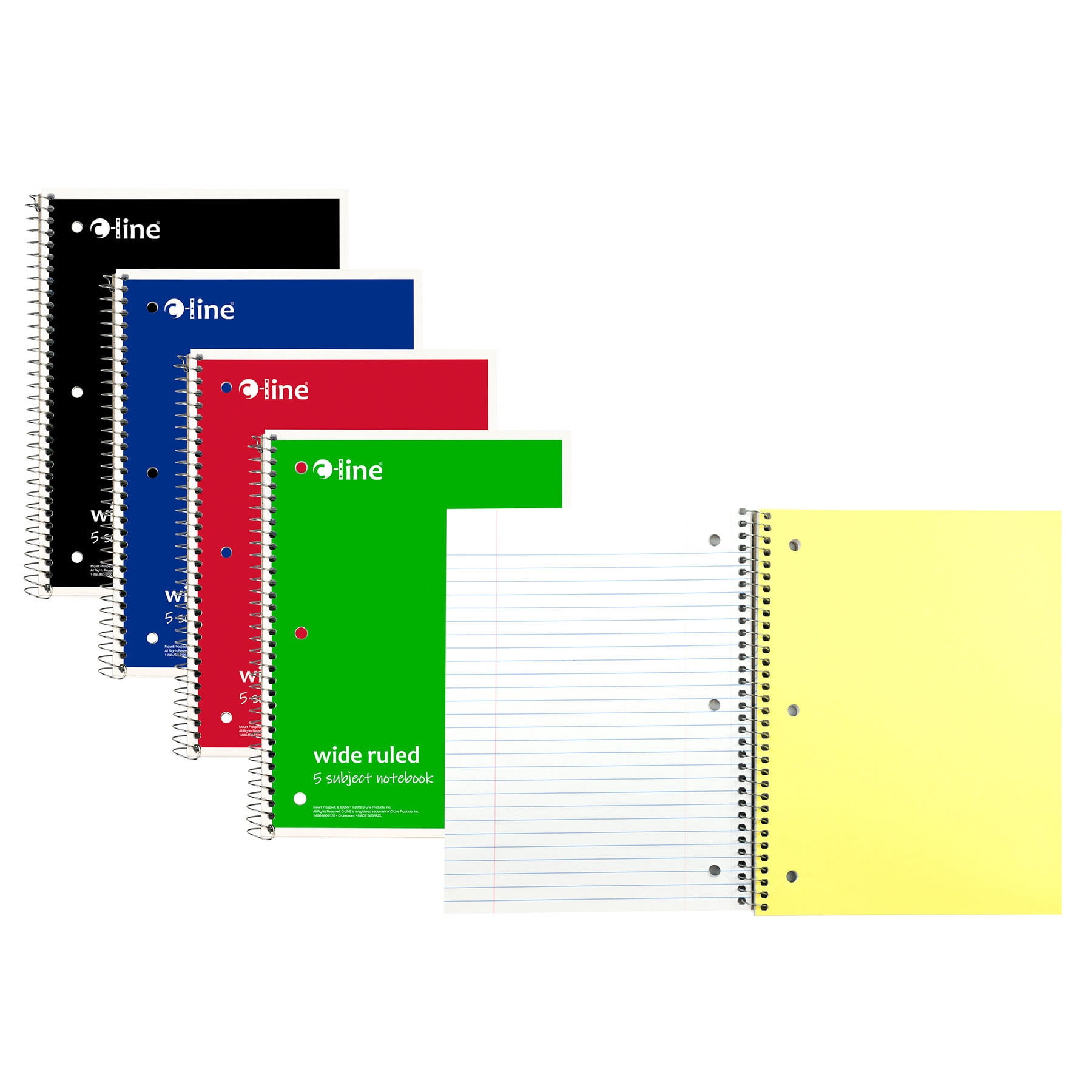C-Line 5-Subject Notebook, Wide Ruled, 180 Sheets, Assorted Colors, Pack of 3