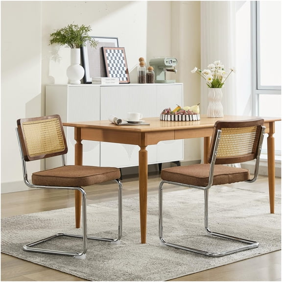Mid Century Modern Dining Chairs Set of 2, Upholstered Linen Kitchen Chairs with Cane Back and Chrome Metal Base