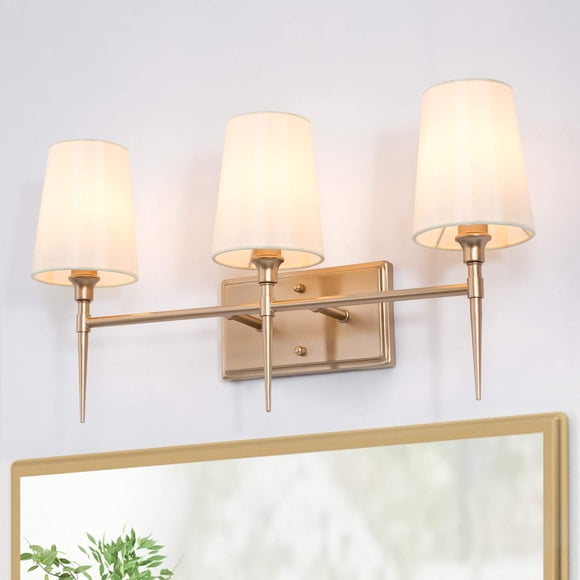 Bathroom Light Fixtures, 3-Light Gold Vanity Lights, Modern Bathroom Vanity Light Fixtures with White Fabric Shade, 23’’ L x 6.5’’ W x 12’’ H