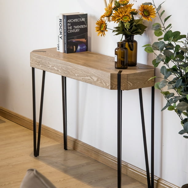Single Layer Plateau Wood Color Wooden Countertops Black Tipped Wrought Iron Console Table Com Single Layer Plateau Wood Color Wooden, Wrought Iron Wood Console Table
