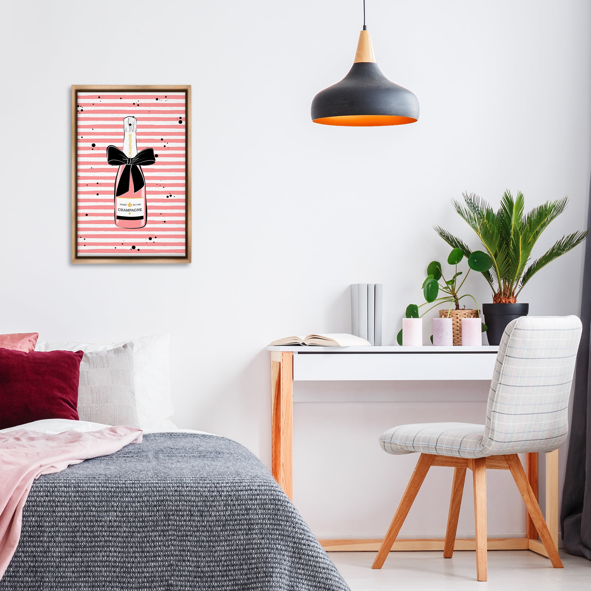 Stupell Industries Pink Champagne on Stripes Food & Beverage Painting Brown Floater Framed Art Print Wall Art, 17 x 25