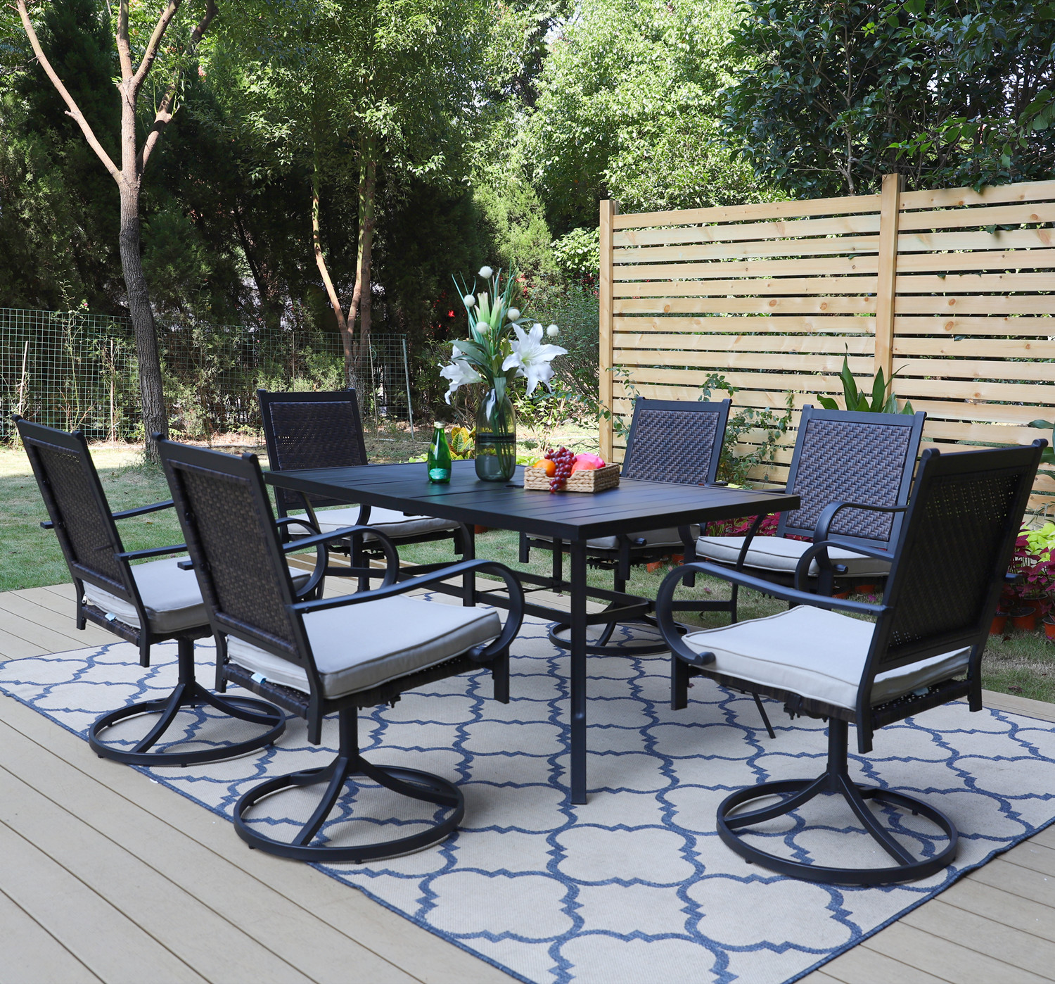 MF Studio 7 Pieces Outdoor Patio Dinning Set with Panel Steel Table and 6 Rattan Cushioned Swivel Chairs