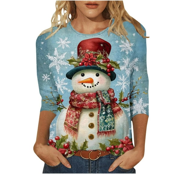 Festival Saving Christmas Shirt for Women Snowman Print Fall Tees 3/4 Sleeve Round Neck Tops Tshirts Fall Fashion Must Haves My Items
