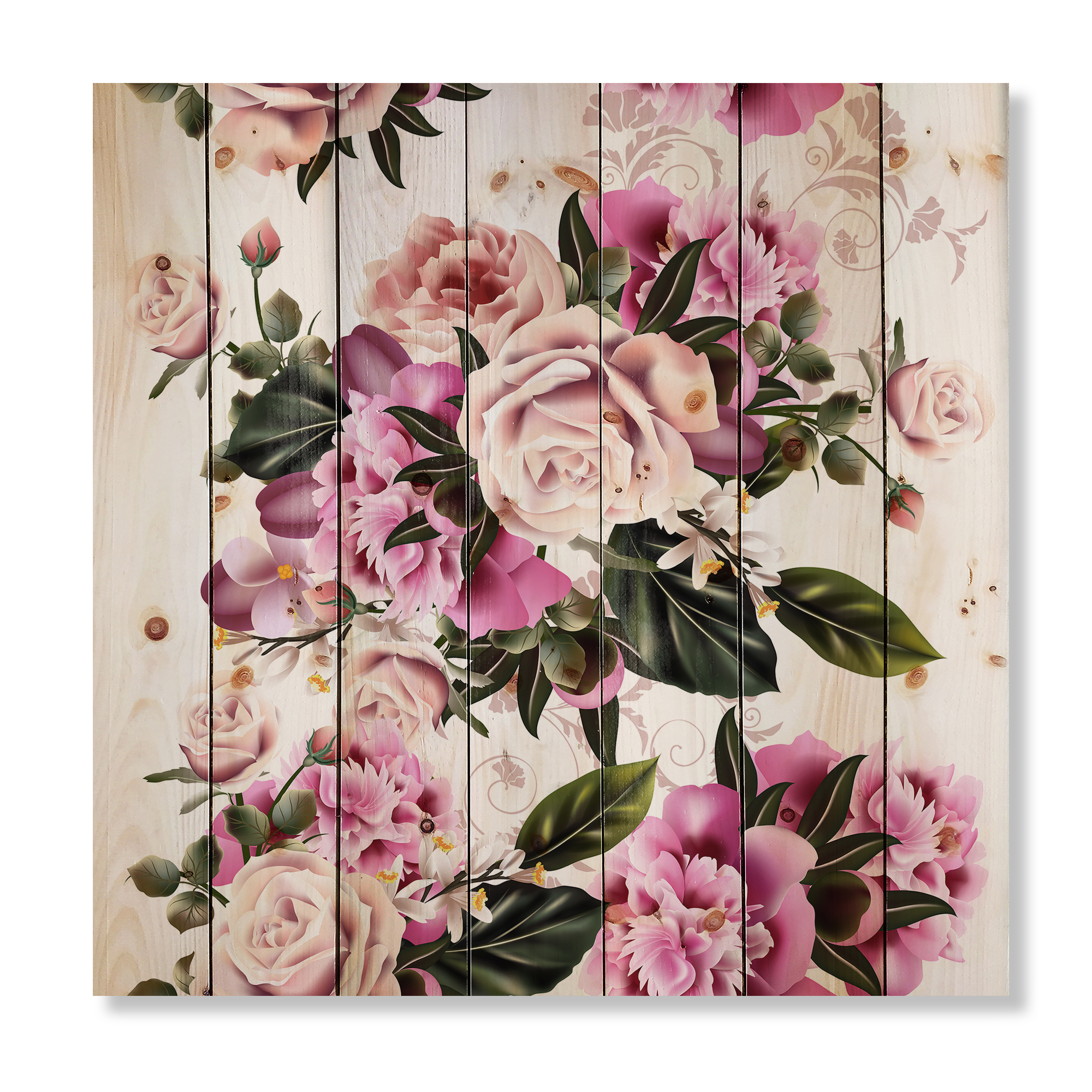 Designart 'Peony Vintage Flowers' Traditional Print on Natural Pine Wood