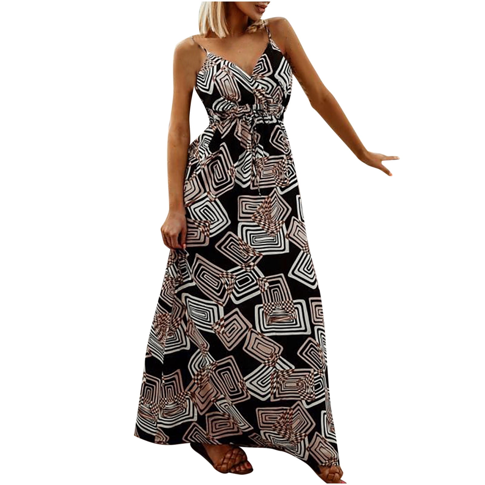 EQWLJWE Womens Dresses Dresss For Women 2023 Fashion Women V-Neck Boho  Printing Suspender Lacing Sleevess Holiday Dress Long Skirt