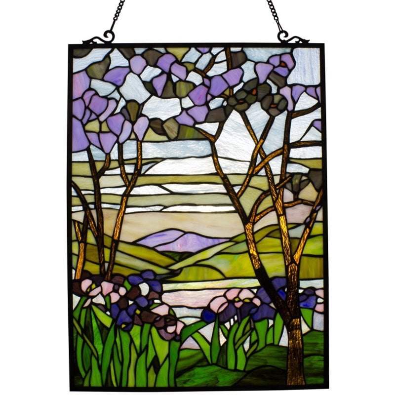 Iris Flowers Art Glass Window Panel Suncatcher 10 1/4" x 42" Horizontal Floral 