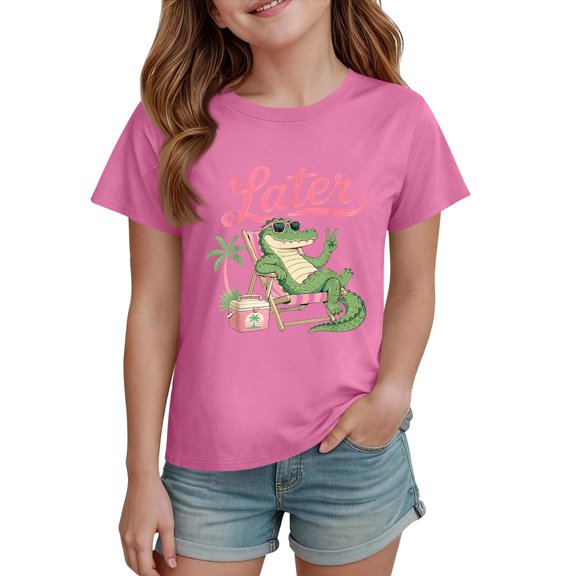 Grblisyd Last Day of School Girls Shirts for Girls 10-12 Years Kids Csaual Summer Cute Alligator Print Tops Loose Crewneck Short Sleeve Tees