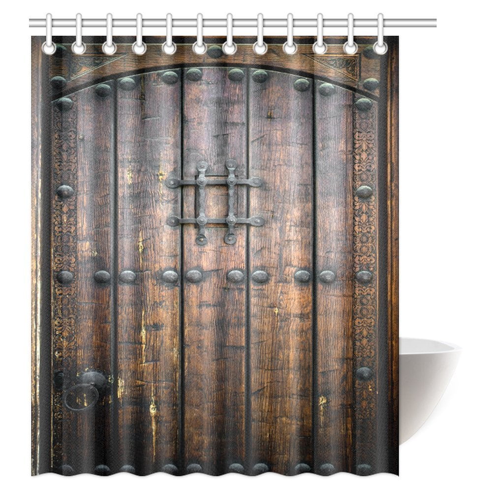 Medieval Shower Curtain – Rustic Wood Shield & Castle Gate Design, Waterproof Polyester (60x70 Inches)