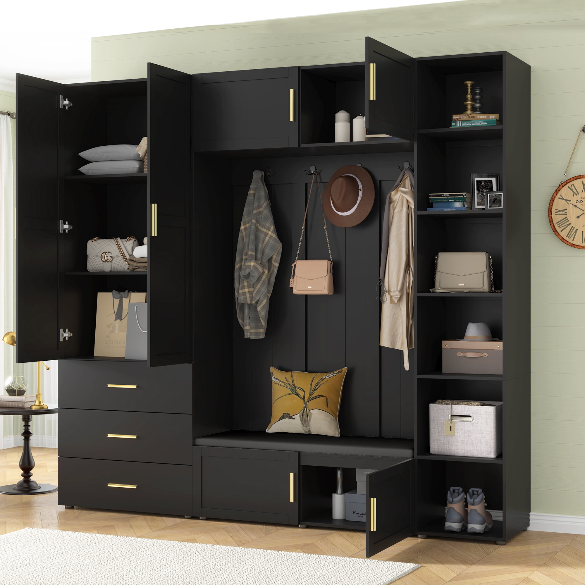 Mintazer 4‑in‑1 Hall Tree with Cushioned Shoe Bench & Hooks, Entryway Storage Organizer with Cabinets & Drawers, Adjustable Shelves for Mudroom Hallway, Black