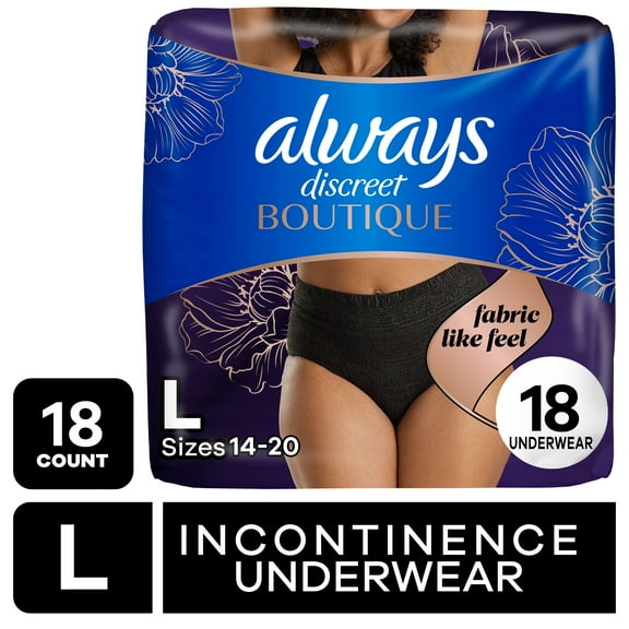 Always Discreet Boutique Incontinence Underwear, Maximum Protection, L, Black, 18 Count