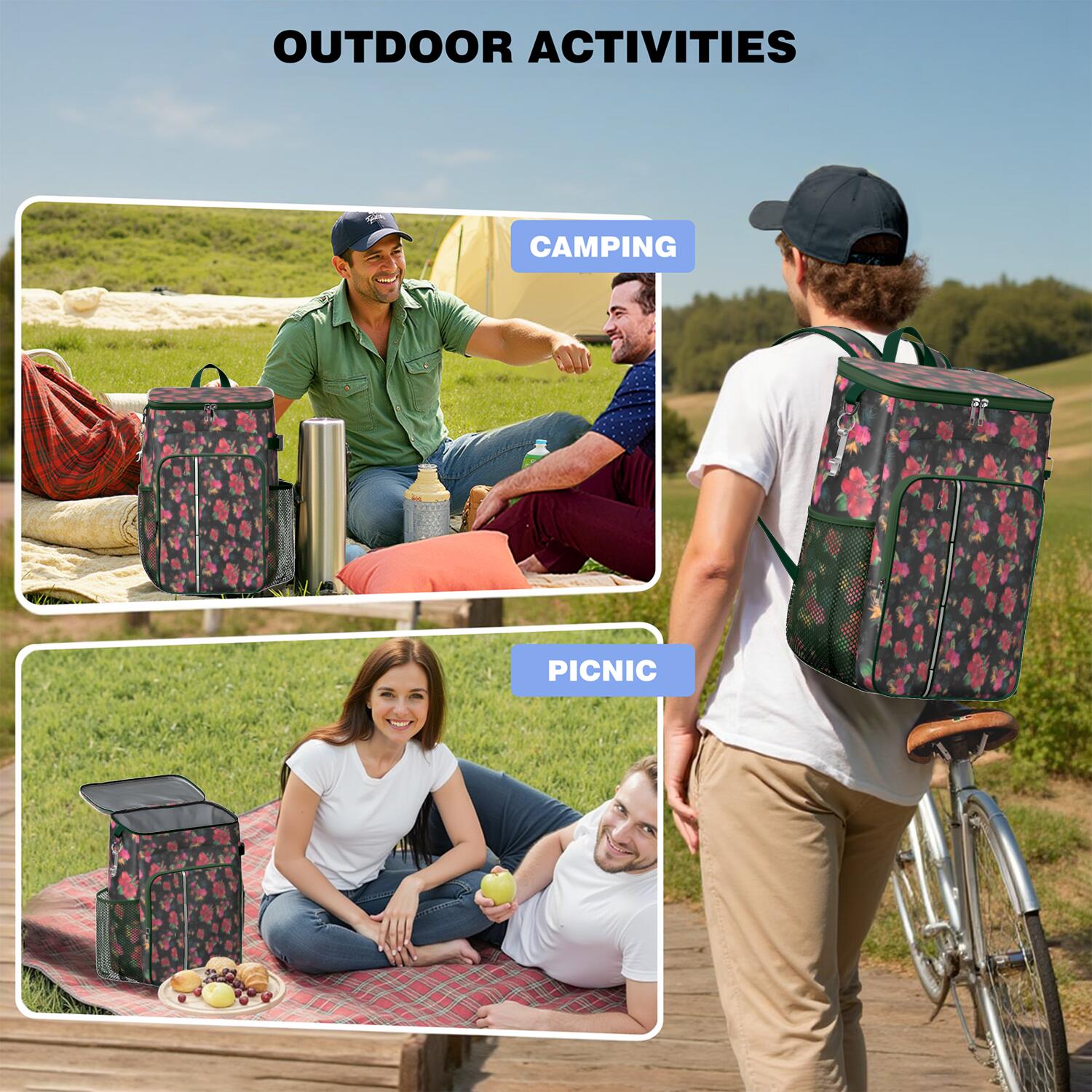 Travel Cooler Bag - Pioneer Flower Floral Print Pattern Camping Beer Cooler Backpack with Bottle Opener- Waterproof Insulated Picnic Backpacks - Cooler Bag for Beach