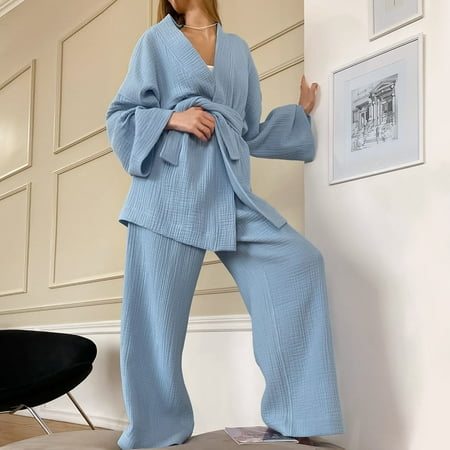 

JNGSA Long Sleeve Nightgowns For Women Lounge Sets For Women Women s Long Sleeved Loose Rousers Crepe Women s Solid Color Nightgown Housewear Pajama Suit Clearance