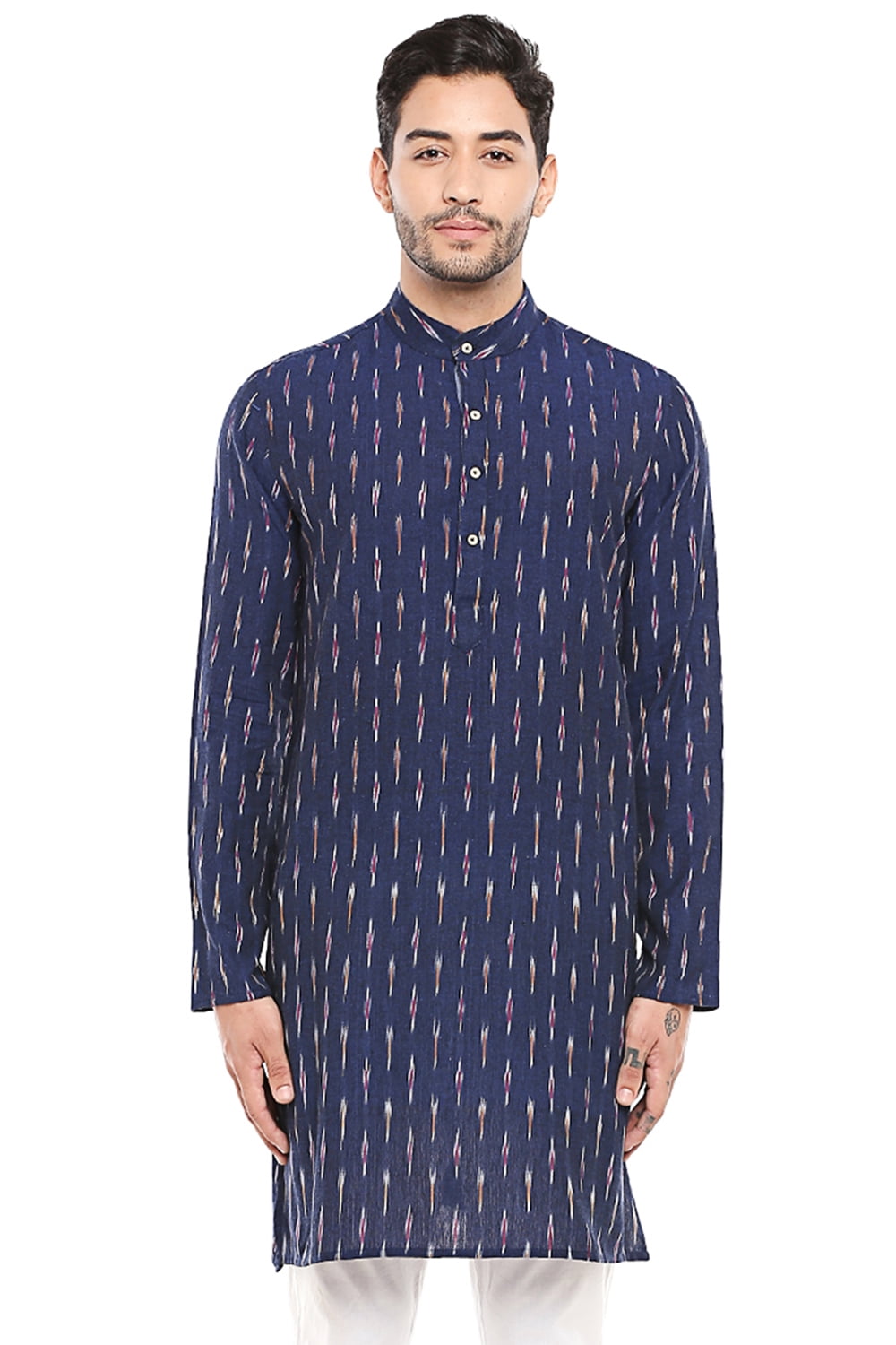 InSattva Men's Indian Handloom Band Collar Ikkat Print Knee Length