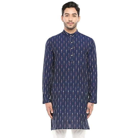 In-Sattva Men's Indian Handloom Band Collar Ikkat Print Knee Length Kurta Tunic, Blue, MD