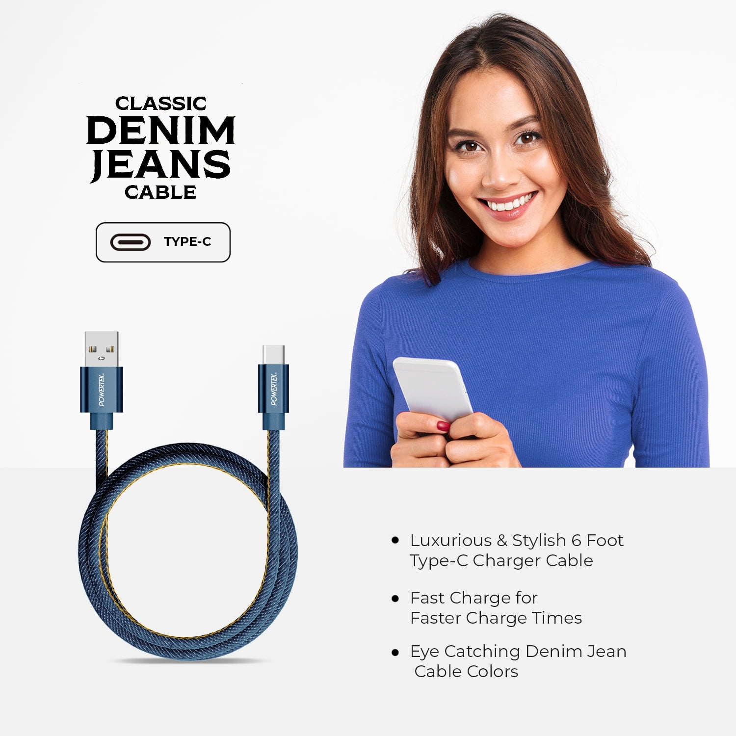 Liquipel Powertek Denim 6' USB-A to USB-C Cable, Blue