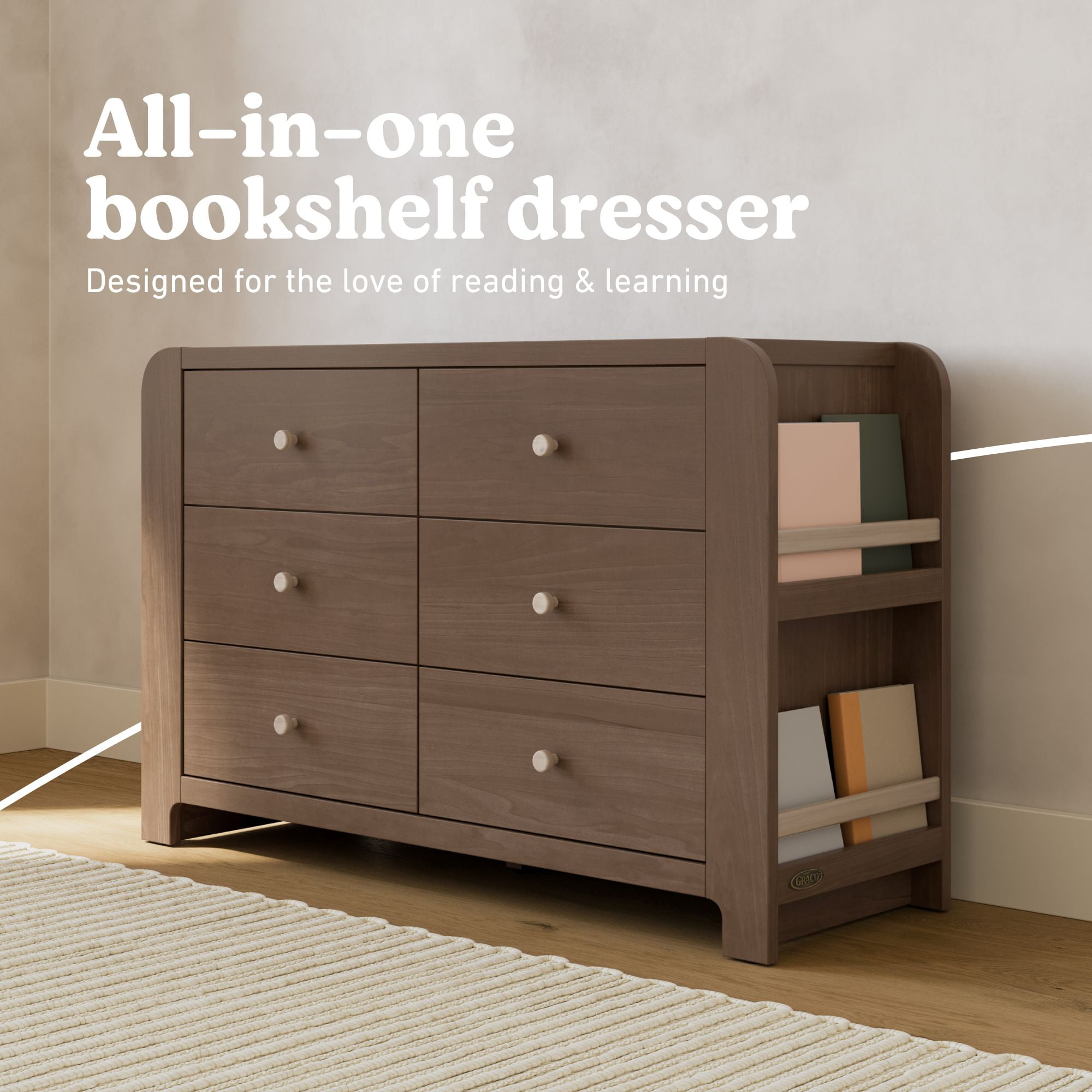 Graco Read-with-Me 6 Drawer Chest with Bookshelves, Hazelnut with Driftwood