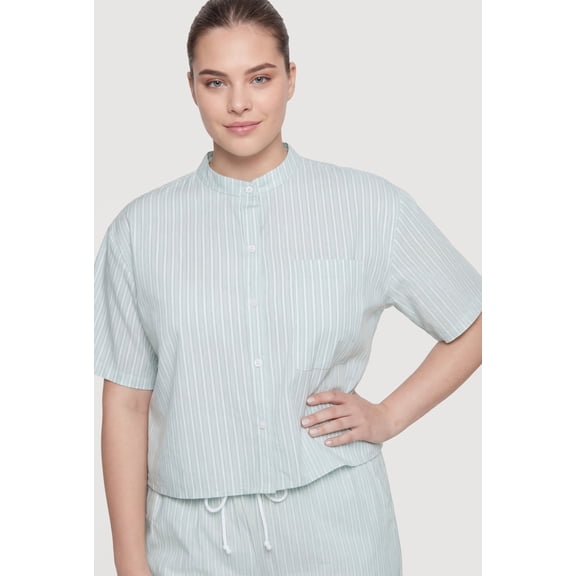 Women's Plus Size Striped Poplin Button Front Short Sleeve Shirt